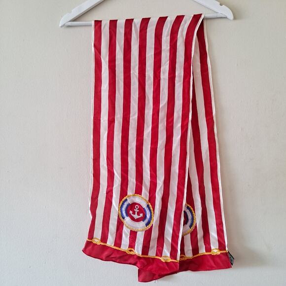Land's End Nautical Red Stripe Rope & Anchor Rectangular Silk Scarf 10" X 52" - Picture 2 of 7